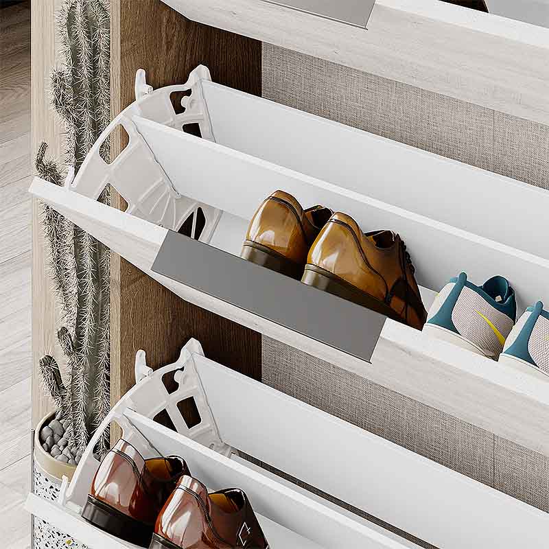 Shoe Rack TORFU in white and light brown, dimensions 78x28x139cm, showcasing its stylish design and sturdy construction.